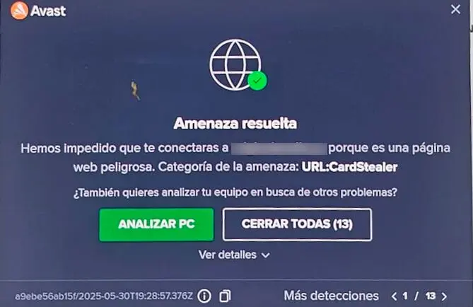 Alerta: Virus URL:CardStealer ataca tiendas PrestaShop mediante módulo gratuito y roba tarjetas Alerta Avast detectando URL:CardStealer en PrestaShop